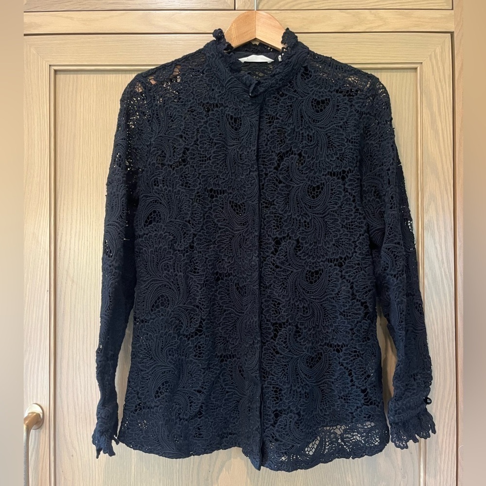 Soft Surrondings Black Crocheted Victorian Elegant Semi Sheer Button Down Blouse